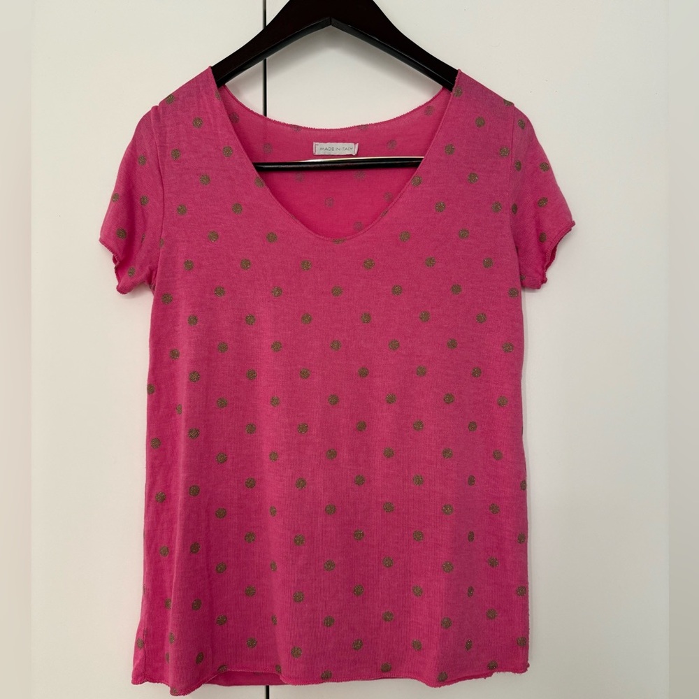Made in Italy Pink With Gold Glittery Polka Dots Shirt Size M